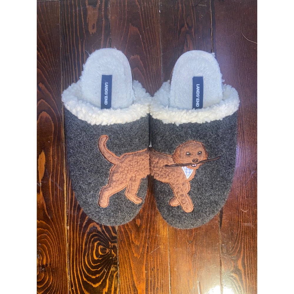 Lands End Womens 8B Gray Wool Dog Clog Slippers Goldendoodle Faux Fur Lined Cozy